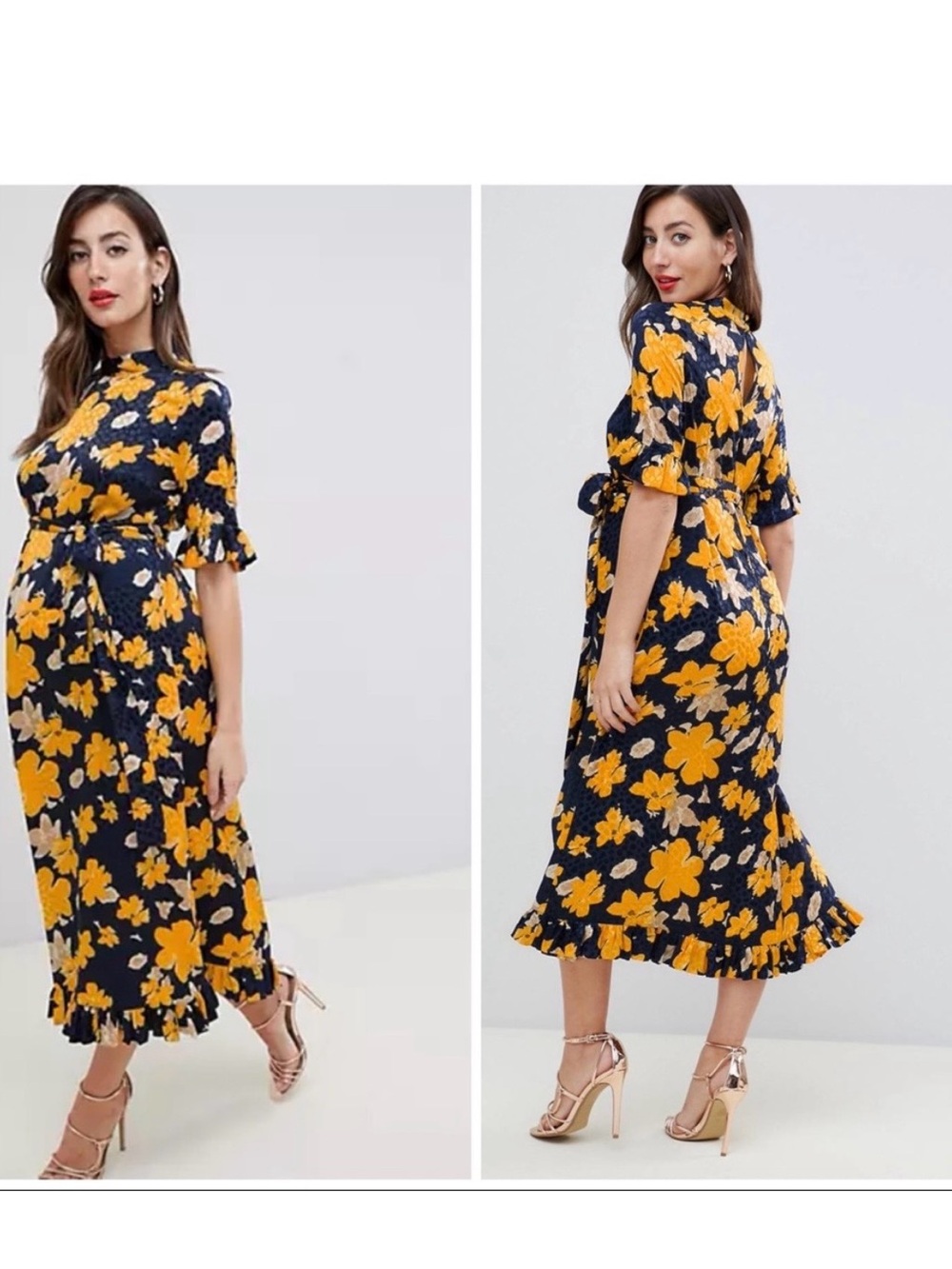 ASOS Maternity Navy & Yellow Floral Midi Dress with Tie Waist